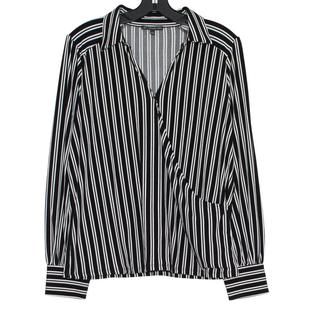 Adrianna Papell Top Faux Wrap Business Casual Workwear Striped Black White Large